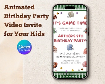 Animated Football Birthday Video Invitation: Editable Sports Party Invite (Digital Download, Canva Template)