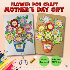 Könnte beinhalten: Zwei handgefertigte Muttertags-Blumentopf-Bastelarbeiten. Eine ist auf weißem Papier, die andere auf braunem Papier. Jede zeigt bunte Papierblumen mit positiven Botschaften. Der Text lautet "Flower Pot Craft Mother's Day Gift."