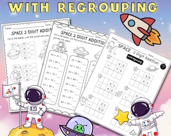 Hojas de ejercicios de suma de números de dos dígitos con reagrupación (30 páginas) (Descarga digital)