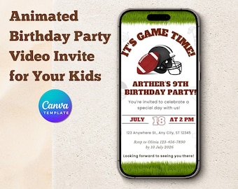 Animated Football Birthday Video Invitation: Editable Sports Party Invite (Digital Download, Canva Template)