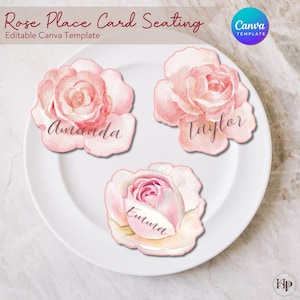 Modelo de cartão de lugar com rosas, cartão de lugar exclusivo e caprichoso para casamentos, festas e comemorações, modelo editável do Canva,
