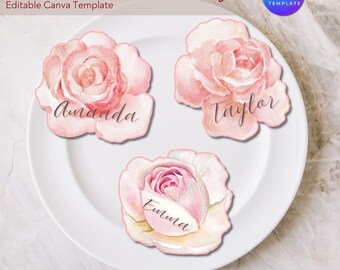 Rose Place Card Template: Whimsical Wedding Seating (Editable Canva Template)