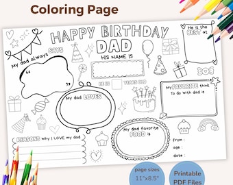 Happy Birthday Dad Coloring Page: Printable Fill-In Activity (Digital Download)