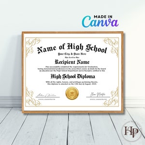 Home School Diploma, High School Diploma, Editable Template on Canva, Printable Certificate With Gold Seal Digital Download