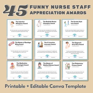 Puede incluir: Un conjunto de 45 premios de apreciación para el personal de enfermería, divertidos e imprimibles. Cada premio presenta una ilustración colorida y un título humorístico, como "El premio al susurrador de inyecciones" y "El maestro de los memes médicos".