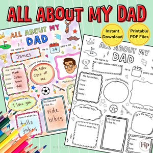 Puede incluir: Dos páginas imprimibles "Todo sobre mi papá". Una está completa con información como "James", "34 años" y "Te amo". La otra es una plantilla en blanco para personalizar. Incluye las etiquetas "Descarga instantánea" y "Archivos PDF imprimibles".