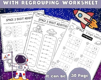 Space 2-Digit Addition Worksheets With Regrouping (30 Pages) (Digital Download)