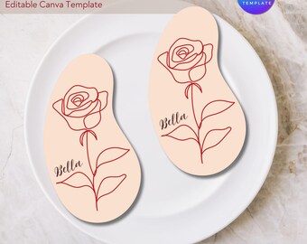 Minimal Rose Place Card Template: Whimsical Wedding Seating (Canva Editable, PDF)
