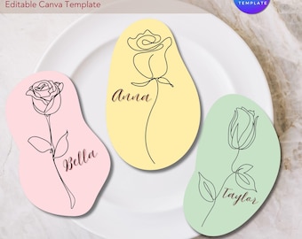Minimal Rose Place Card Template: Whimsical Wedding Seating (Editable Canva Template)