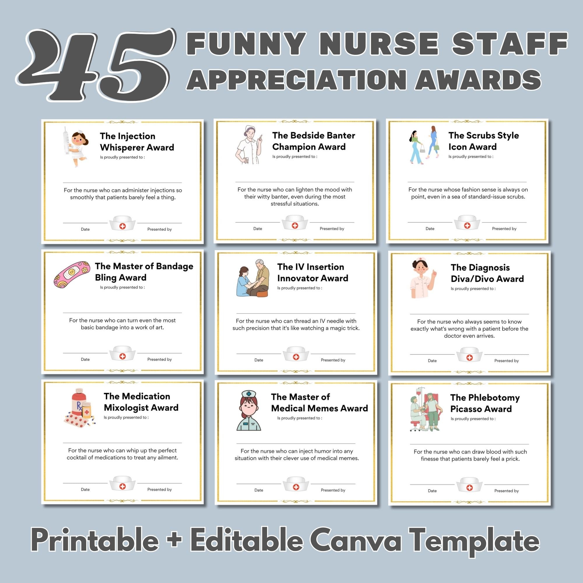 Funny Nurse Appreciation Award Certificates: Printable Staff Gift (Canva Template)