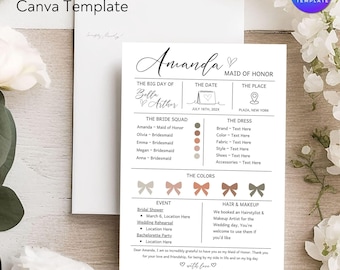 Editable Bridesmaid Information Card Template: Bridal Party Details (Canva Digital Download)