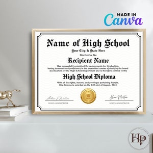 Home School Diploma, High School Diploma, Editable Template on Canva, Printable Certificate With Gold Seal Digital Download