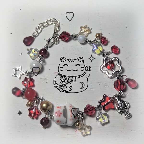 lucky cat bracelet! clutter bracelet charms cat stars cute kawaii