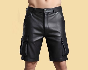 Short cargo en cuir pour homme fait main - Short cargo en cuir personnalisé 6 poches - Short en cuir slim fit sur commande