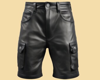 Handmade Men's Leather Cargo Shorts - 6 Pockets Custom Leather Cargo Shorts - Made To Order Slim Fit Leather Shorts