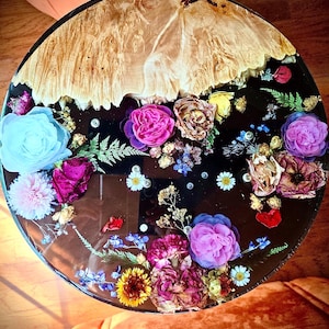Handmade Live edge wood resin epoxy end table, coffee table -real dried flowers- Custom order available in any size, shape,floral colors