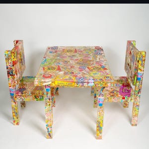 Op de afbeelding: Een kleurrijke tafel en twee stoelen gemaakt van helder hars met ingebedde snoepverpakkingen. De tafel en stoelen bevatten een verscheidenheid aan snoepverpakkingen, waaronder Skittles, Starburst en Nerds.