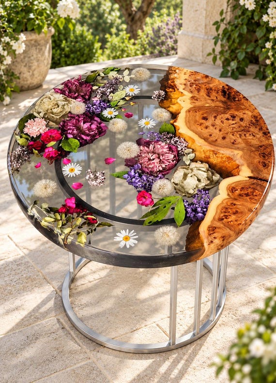 Blumentisch aus Kunstharz mit Ahornmaser-Baumkante, echten Trockenblumen, individuell gestaltbarer Beistell- oder Couchtisch aus Epoxidharz, Küchen- oder Esstisch