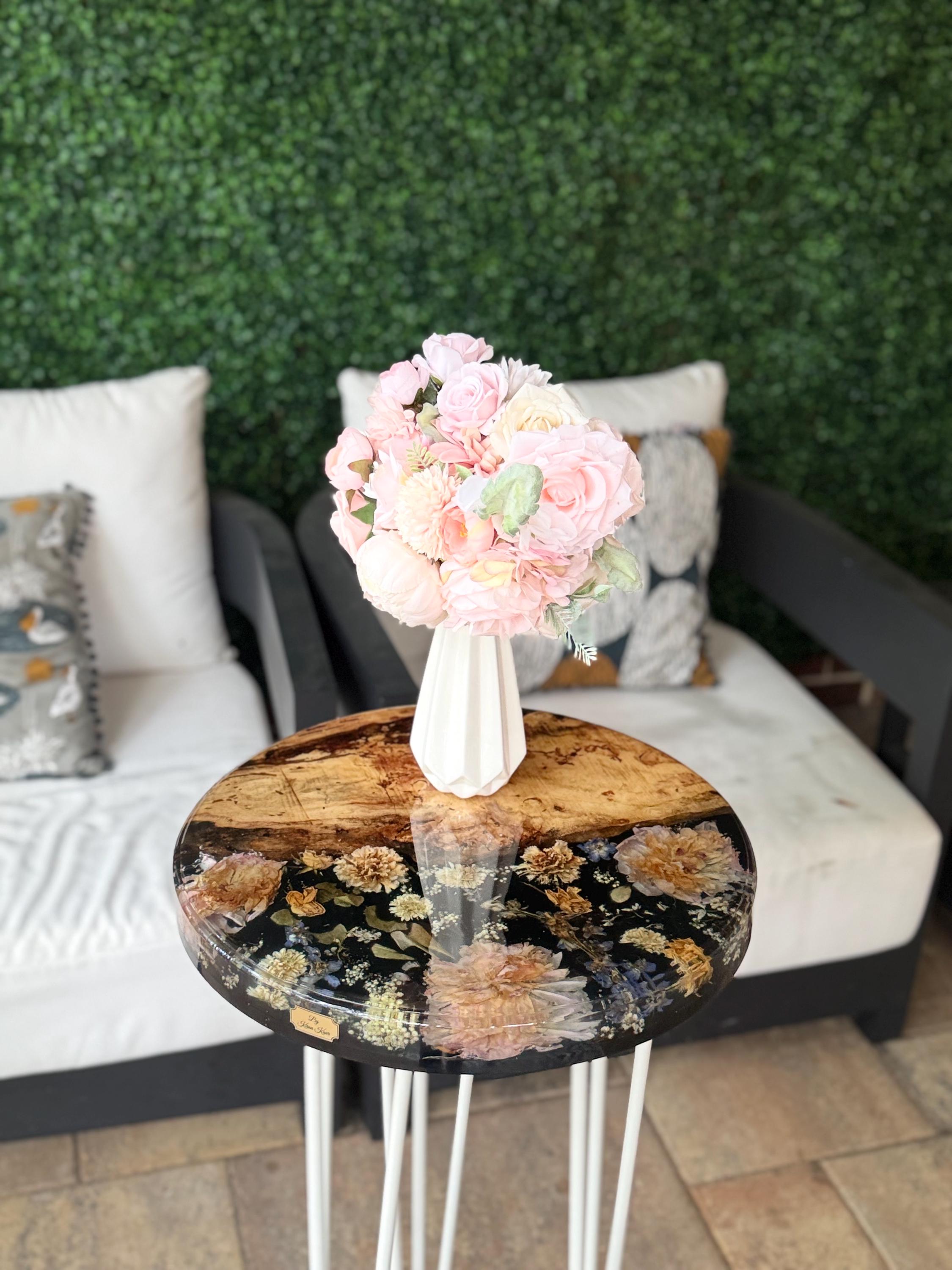 Resin Flower Side Table With Maple Live Edge, Black Epoxy With