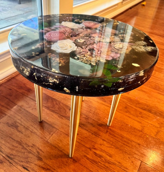 Handmade Epoxy Resin Flower Side or Coffee Table -heat &alcohol