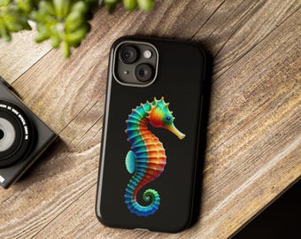 Tough Cases iPhone 16, 15, 14, 13, 12 Max case, Samsung Galaxy s24, S23, S22 ultra, Seahorse design, abalone shell inlay phone case