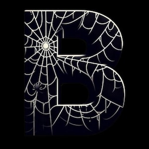 Puede incluir: Letra B negra con un diseño de telaraña blanca. La letra está delineada en blanco y tiene una araña en la telaraña.