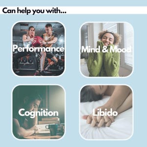 Puede incluir: Imagen con cuatro paneles sobre un fondo azul claro. Los paneles presentan las palabras "Performance", "Mind & Mood", "Cognition" y "Libido" con im&aacute;genes correspondientes de personas haciendo ejercicio, una persona sonriendo, una persona leyendo y una pareja tomados de la mano.
