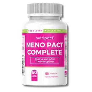 May include: A white bottle of "nutripact. MENO PACT COMPLETE" capsules. The label is pink and white, with text indicating the product is for use during and after menopause. The bottle contains 60 vegan capsules and is made in the UK.