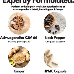 Puede incluir: Imagen que muestra los ingredientes de un suplemento: Ashwagandha KSM 66, pimienta negra y jengibre. El texto dice "Expertly Formulated" y destaca los beneficios de la mezcla. La imagen tambi&eacute;n muestra la c&aacute;psula HPMC, que es vegana.
