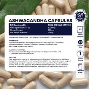 Puede incluir: C&aacute;psulas de Ashwagandha beige con una etiqueta que detalla los ingredientes y la informaci&oacute;n de la porci&oacute;n. El texto incluye la certificaci&oacute;n 'Vegano'. La etiqueta enumera Ashwagandha KSM-66, extracto de jengibre y extracto de pimienta negra.