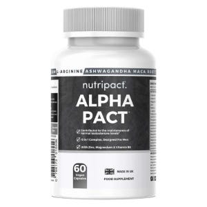 May include: A white bottle of Alpha Pact capsules. The label features the brand name "nutripact" and the product name "ALPHA PACT". The bottle contains 60 vegan capsules and is a food supplement. Made in the UK.