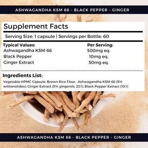 Puede incluir: Un cuenco blanco lleno de ra&iacute;ces de ashwagandha secas, de color marr&oacute;n claro, con una etiqueta de informaci&oacute;n nutricional en el fondo. La etiqueta enumera ingredientes como ashwagandha KSM-66, pimienta negra y extracto de jengibre.