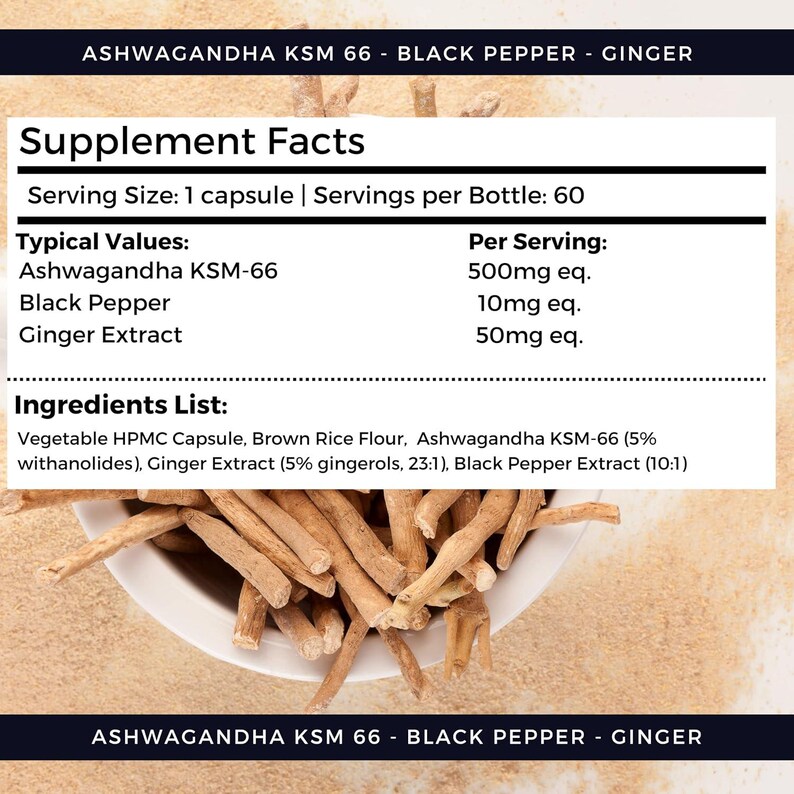 Puede incluir: Un cuenco blanco lleno de ra&iacute;ces de ashwagandha secas, de color marr&oacute;n claro, con una etiqueta de informaci&oacute;n nutricional en el fondo. La etiqueta enumera ingredientes como ashwagandha KSM-66, pimienta negra y extracto de jengibre.