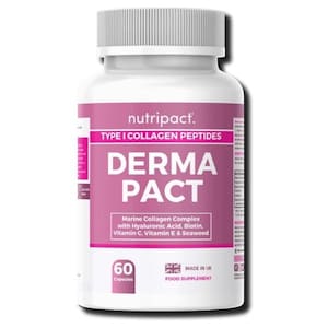 May include: A white bottle of Derma Pact capsules with a pink label. The label includes the text "nutripact," "TYPE I COLLAGEN PEPTIDES," and "Marine Collagen Complex." The bottle contains 60 capsules and is made in the UK.