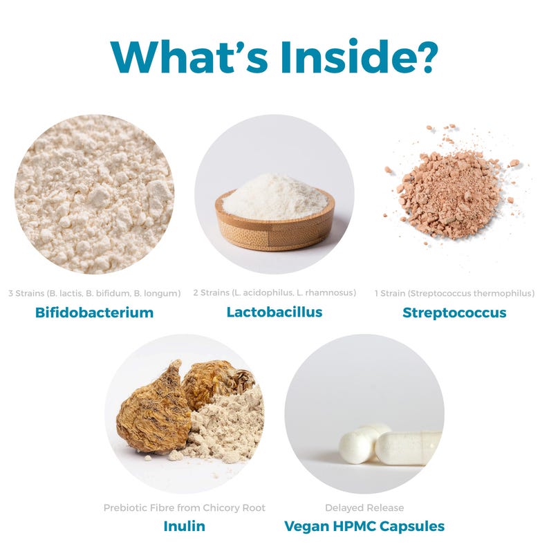 Pu&ograve; includere: Un grafico informativo con il testo "What's Inside?" mostra vari ingredienti. Questi includono Bifidobacterium, Lactobacillus, Streptococcus, Inulina e capsule vegane HPMC. Gli ingredienti sono mostrati in polvere, capsule e radici.