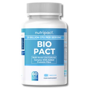 Pu&ograve; includere: Una bottiglia di plastica bianca di integratore "nutripact". L'etichetta mostra "BIO PACT" in blu, con "20 BILLION CFU PER SERVING". Contiene 60 capsule vegane ed &egrave; contrassegnata "MADE IN UK".