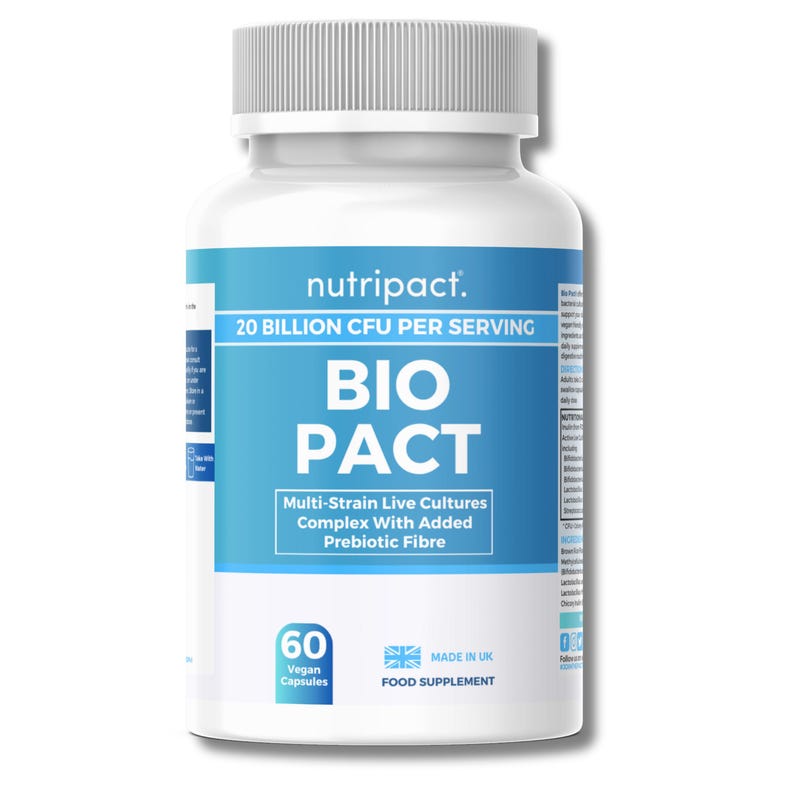 Pu&ograve; includere: Una bottiglia di plastica bianca di integratore "nutripact". L'etichetta mostra "BIO PACT" in blu, con "20 BILLION CFU PER SERVING". Contiene 60 capsule vegane ed &egrave; contrassegnata "MADE IN UK".
