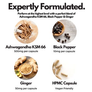 Puede incluir: Un gr&aacute;fico blanco con el texto "Expertly Formulated." e informaci&oacute;n sobre las c&aacute;psulas de Ashwagandha KSM 66, Black Pepper, Ginger y HPMC. La imagen incluye las cantidades de ingredientes por c&aacute;psula e indica que las c&aacute;psulas son veganas.