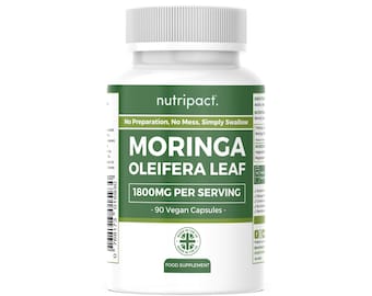 May include: A white bottle of Nutripact Moringa Oleifera Leaf capsules. The label features the text "MORINGA OLEIFERA LEAF" and "1800MG PER SERVING". The bottle contains 90 vegan capsules and is a food supplement.