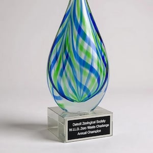 Blue & Green Engraved Glass Award, Custom Engraved, Hand Blown Custom Engraved Glass Corporate Award, Employee Award, Retirement Gift, Award