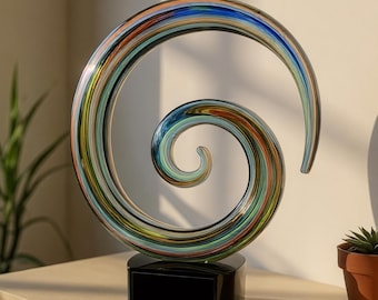Decorative Desktop Award, Personalized Swirl Hand Blown Glass Sculpture with Engraved Plate, Custom Engraved Glass Trophy, Corporate Gift