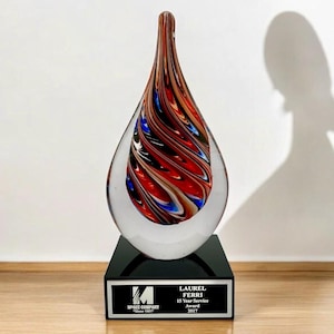 Custom Engraved Award Personalized Art Glass Award Hand Blown Artistic Glass Award with Multiple Colors & Engraved Plate Gift for Employee