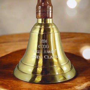 Engraved Solid Brass Handbell Wooden Handle - School Bell - Teacher Gift - Cancer Bell - Personalized Gold Bell Cancer Survivor Stock Market