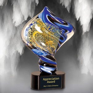 Gold Diamond Twist Art Glass Corporate Award - Personalized Hand Blown Glass Award with Engraved Plate - Engraved Award - Glass Trophy