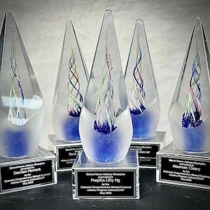 Arrow Shape Clear Blue Art Glass Award, Personalized Artistic Glass Award with Custom Engraved Plate, Engraved Corporate Award, Small Desk