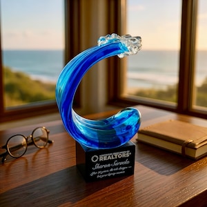 Aqua Wave Blue Art Glass Water Award, Personalized Artistic Hand Blown Glass Award with Custom Engraving, Engraved Award, Boating Trophy