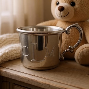Silver Baby Cup, Shiny Silver Pewter, Baby’s First Birthday Cup, Heirloom Child’s Cup, Baptism Gift, Decorative Baptism Cup, Grandkid Gift