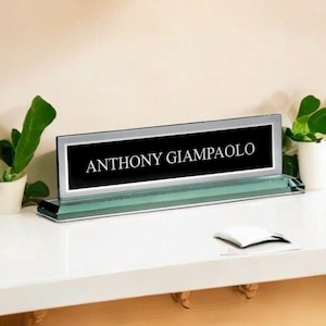 10” Jade Glass Desk Name Sign - Glass Name Plate - Desktop Name - Engraved Desk Identifier With Black Background - Custom Engraved Desk Sign