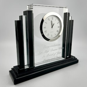 Black Crystal Clock Award - Personalized Corporate Crystal Clock Award - Engraved Clock Award - Practical Engraved Retirement Crystal Clock