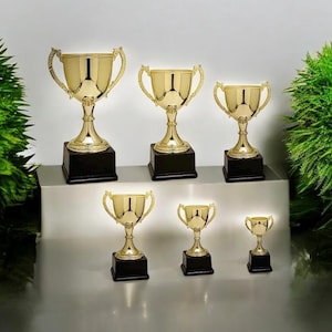 May include: A collection of gold-colored trophies of varying sizes, each with a black base. The trophies have a classic cup design with handles. The arrangement suggests a display of awards or recognition.